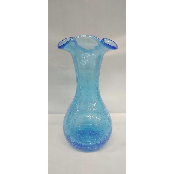 unbrand Accents Vintage Art Glass Vase Hand Blown Blue Crackle Tri